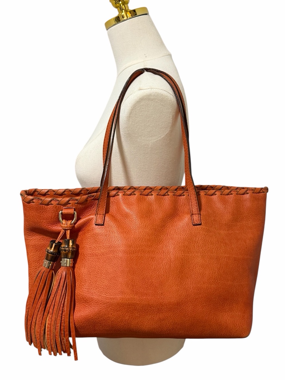 Gucci Bamboo Tassel Tote Whipstitched Shoulder Bag Large Orange Pebbled Leather